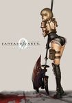  1girl ass axe bad_id bad_pixiv_id blonde_hair blood boots fantasy_earth_zero green_eyes highres polearm solo thigh_strap weapon 