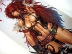  1girl amazon arm_bands armband belt bracelet breasts center_opening cleavage_cutout corset_styled_armor corset_top female halter_top halterneck jewelry large_breasts leather leather_armor long_hair mace morning_star muscle muscles muscular queen&#039;s_blade queen's_blade red_hair redhead risty scar solo tattoo warrior weapon 