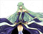  bare_shoulders c.c. code_geass dress garter_belt green_hair long_hair meimi_k signature snow solo thighhighs very_long_hair yellow_eyes 