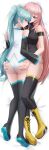  2girls amaama_(beccyonaika1) aqua_eyes aqua_hair ass bare_shoulders black_shirt black_thighhighs blue_eyes boots cross-laced_footwear detached_sleeves full_body hand_on_another&#039;s_ass hand_on_another&#039;s_thigh hatsune_miku high_heel_boots high_heels highres long_hair looking_back lying megurine_luka multiple_girls on_back pink_hair shirt shoe_soles sleeveless sleeveless_shirt thigh_boots thighhighs twintails vocaloid white_shirt yellow_footwear yuri 