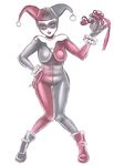  bad_id bad_pixiv_id black_bodysuit bodysuit boots dc_comics domino_mask gift harley_quinn heart holding holding_gift kafe_(pixiv) lipstick makeup mask red_bodysuit skin_tight solo 