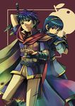  blue_eyes blue_hair cape fire_emblem fire_emblem:_monshou_no_nazo fire_emblem:_souen_no_kiseki gloves headband ike male_focus marth multiple_boys sword tiara tomone weapon 