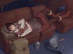  bad_id bad_pixiv_id black_hair boots copyright_request couch gloves lying maasan pantyhose pot solo steam 