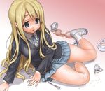  asanagi bare_legs blonde_hair blue_eyes blush broken clumsy commentary eyebrows k-on! kotobuki_tsumugi long_hair lying milk on_side school_uniform sexually_suggestive shoes skirt socks solo spill suggestive_fluid tea uwabaki 