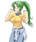  blue_(ao_maru) breasts cleavage covered_nipples denim green_eyes green_hair higurashi_no_naku_koro_ni jeans large_breasts midriff navel pants ponytail solo sonozaki_mion 