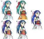  aqua_eyes aqua_hair blue_eyes blue_hair bow comparison dragon_quest dragon_quest_v earrings flora green_eyes half_updo iri jewelry oekaki pink_bow smile 