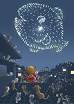  1girl aerial_fireworks animal animal_ears arm_at_side black_cat bow brown_hair calico cat cat_ears cat_girl cat_tail commentary_request dog facing_away fireworks fish from_behind hand_fan holding holding_fan japanese_clothes kabiinyo_(kab) kimono long_sleeves night night_sky obi odd_one_out on_roof original outdoors paper_fan red_bow rooftop sash short_hair sky tail tail_bow tail_ornament too_many too_many_cats uchiwa yukata 