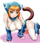  animal_hood bare_shoulders blue_eyes boots breasts breath_of_fire breath_of_fire_v cat_hood cat_tail detached_sleeves fingerless_gloves gloves hood knee_boots large_breasts lin_(breath_of_fire) orange_hair short_hair solo tail thighhighs ueyama_michirou 