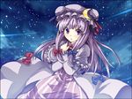  blush book book_hug bow crescent gin'ichi_(akacia) hair_bow hat holding holding_book long_hair looking_at_viewer night night_sky patchouli_knowledge purple_eyes purple_hair robe sky solo striped touhou 