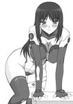  :3 blush breasts cleavage curvy elbow_gloves fingerless_gloves gloves greyscale large_breasts long_hair monochrome shichimenchou solo sora_wo_kakeru_shoujo thighhighs to_heart 
