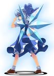  1girl blue_eyes blue_hair bow cirno hair_bow looking_back rappa_(rappaya) short_hair solo touhou wings 