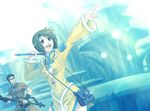  1girl aqua artist_request bag brown_hair cleavage_cutout glasses hair_bobbles hair_ornament handbag norma_beatty pointing short_hair skirt tales_of_(series) tales_of_legendia will_raynard yellow_skirt 