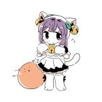  1girl animal_ears animal_hands black_dress blush cat_ears cat_tail cerise_bouquet closed_mouth commentary_request cosplay deformed dejiko dejiko_(cosplay) di_gi_charat dress embarrassed flying_sweatdrops full_body gema gloves green_eyes hair_intakes hinoshita_kaho jingle_bell_earrings kiruzzy link!_like!_love_live! long_hair love_live! maid otomune_kozue paw_gloves paw_shoes puffy_short_sleeves puffy_sleeves purple_hair short_sleeves side_ponytail sidelocks simple_background split_mouth standing tail virtual_youtuber white_background white_footwear 