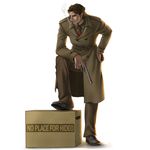  bad_id bad_pixiv_id box brown_hair cardboard_box cigarette coat gun handgun kuren male_focus metal_gear_(series) metal_gear_solid metal_gear_solid_4 necktie old_snake on_box smoking solid_snake solo trench_coat weapon 