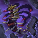  black_wings floating floating_object gen_4_pokemon giratina looking_at_viewer no_humans pokemon pokemon_(creature) purple_background red_eyes simple_background solo tkdrago wings 