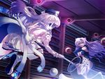  animal_ears battle blue_eyes cat_ears detached_sleeves duel long_hair multiple_girls original pointy_ears purple_hair slit_pupils staff torisan yellow_eyes 