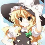  blonde_hair bow colorized face gotou_nao grin hand_on_headwear hat kirisame_marisa kurot smile solo touhou upper_body witch_hat yellow_eyes 