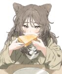  1girl absurdres animal_ears bread bread_slice buttons cat_ears cat_girl covered_mouth eating food green_shirt grey_eyes grey_hair hair_between_eyes highres holding holding_food leaning_on_table long_hair long_sleeves looking_at_viewer non-web_source nostrils original plate shirt sidelocks solo straight-on takaya_riku toast upper_body 
