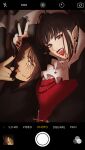  1boy 1girl ascot black_eyeshadow black_hair black_jacket black_nails blood blood_from_mouth blunt_bangs brown_hair closed_eyes cosplay cross cross_necklace death_(entity) earrings eren_yeager eyeshadow facial_mark grey_eyes grim_reaper grim_reaper_(cosplay) halloween_costume hanpetos hood hood_up inverted_cross_earrings jacket jewelry long_hair makeup mikasa_ackerman multiple_earrings nail_polish necklace open_mouth parted_bangs pointy_ears ponytail red_sweater ring selfie shingeki_no_kyojin sidelocks sweater tongue tongue_out v vampire vampire_costume viewfinder white_ascot 