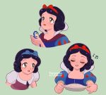  1girl bird black_hair blue_bow bow dress food green_background hair_bow highres holding looking_to_the_side looking_up open_mouth pie puffy_short_sleeves puffy_sleeves red_bow red_lips short_hair short_sleeves smile snow_white_(disney) snow_white_and_the_seven_dwarfs tarolotta 