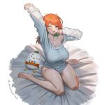  1girl ;o absurdres arms_up barefoot bed_sheet breasts cleavage clenched_hands collarbone colored_inner_hair english_commentary full_body highres hololive hololive_english kfp_employee_(takanashi_kiara) large_breasts lipstick_mark long_hair messy_hair multicolored_hair one_eye_closed outstretched_arm purple_eyes seventeencrows sitting solo stretching stuffed_chicken stuffed_toy sweater takanashi_kiara thighs virtual_youtuber waking_up wariza white_background white_sweater 