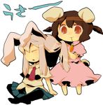  animal_ears azuma_seiji bad_id bad_pixiv_id brown_eyes brown_hair bunny_ears carrot chibi inaba_tewi long_hair lowres mouth_hold multiple_girls necktie red_neckwear reisen_udongein_inaba short_hair skirt thighhighs touhou 
