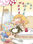  bad_id bad_pixiv_id blonde_hair cake candy candy_cane checkerboard_cookie checkered chibi closed_eyes cookie food fork fruit hachi_(8bit_canvas) holding_lollipop in_food jar kirisame_marisa konpeitou lollipop minigirl pastry plate slice_of_cake solo strawberry strawberry_shortcake swirl_lollipop touhou 