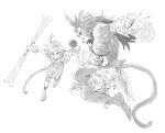  2boys clenched_teeth dede_(qwea_00000) energy_ball feather_hair_ornament feathers final_fantasy final_fantasy_ix floating full_body furrowed_brow hair_ornament highres holding holding_weapon kuja long_hair low_ponytail male_focus monkey_tail multiple_boys parted_lips ponytail short_hair_with_long_locks smile tail teeth trance_kuja trance_zidane_tribal weapon white_background zidane_tribal 