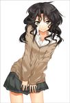  amagami black_eyes black_hair char curly_hair face green_eyes kibito_high_school_uniform long_hair long_sleeves miniskirt pleated_skirt school_uniform skirt skirt_pull smile solo sweater tanamachi_kaoru wavy_hair 