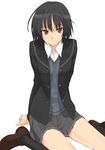 amagami arm_support black_hair black_jacket blazer buttons full_body grey_skirt jacket kibito_high_school_uniform kusaka_souji loafers long_sleeves looking_at_viewer nanasaki_ai open_clothes open_jacket pleated_skirt red_eyes school_uniform shoes short_hair simple_background sitting skirt solo unbuttoned wariza white_background 