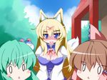  animal_ears blonde_hair blush blush_stickers breasts brown_hair cleavage fox_ears fox_tail green_hair hair_ribbon hakurei_reimu highres kemonomimi_mode kochiya_sanae large_breasts multiple_girls oborotsuki_kakeru ribbon tail touhou yakumo_yukari 