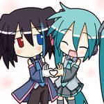  aqua_hair aqua_neckwear blue_neckwear chibi chibi_miku crossover gloves hatsune_miku heart heart_hands heart_hands_duo heterochromia minami_(colorful_palette) multiple_girls necktie twintails utau vocaloid yokune_ruko 