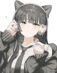  1girl ? absurdres animal_ears black_cardigan black_hair black_necktie blunt_bangs blush breast_pocket cardigan cat_ears cat_girl choppy_bangs closed_mouth collared_shirt dot_mouth dot_nose fingernails grey_eyes grey_theme head_tilt headphones highres long_fingernails long_hair long_sleeves mole mole_under_eye necktie open_cardigan open_clothes original pocket school_uniform shirt sidelocks simple_background sleeve_cuffs sleeves_past_wrists solo straight_hair takaya_riku upper_body white_background white_shirt 