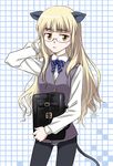  agahari alternate_costume animal_ears bag blonde_hair crotch_seam glasses long_hair panties panties_under_pantyhose pantyhose perrine_h_clostermann ribbon school_uniform solo strike_witches tail underwear world_witches_series 