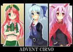  advent_cirno animal_ears bad_id bad_pixiv_id blue_eyes blue_hair bow braid bunny_ears cirno crossed_arms green_eyes hair_bow hat hong_meiling long_hair midriff mukunoki_nanatsu multiple_girls navel one_eye_closed purple_hair red_eyes red_hair reisen_udongein_inaba short_hair touhou twin_braids 