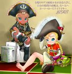  barefoot bicorne binoculars blonde_hair blue_eyes blue_footwear boots boro braid chat chat_(cosplay) cosplay costume_switch dark_skin feet game_console handheld_game_console hat jolly_roger multiple_girls nintendo_ds patty_fleur patty_fleur_(cosplay) pirate_hat playstation_3 playstation_portable shoes short_hair single_shoe tales_of_(series) tales_of_eternia tales_of_vesperia translated tricorne twin_braids very_short_hair xbox_360 