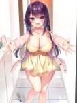  1girl blush breasts cardigan cleavage collarbone dress indoors large_breasts looking_at_viewer open_cardigan open_clothes open_mouth original purple_eyes purple_hair sazaki_ichiri smile solo standing unworn_footwear yellow_dress 