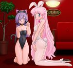  2girls animal_ears blue_eyes blush bunny_ears bunny_tail bunnysuit cat_ears cat_tail high_heels kittysuit kneel kneeling multiple_girls tail 