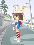  animal_ears backpack bag bread cat cat_ears cosplay food kabiinyo_(kab) kneehighs original socks solo striped striped_legwear 