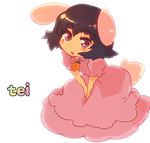  :o animal_ears bad_id bad_pixiv_id blush bunny_ears bunny_tail carrot dress inaba_tewi jewelry pendant pink_dress rawan short_hair sitting solo tail touhou v_arms 