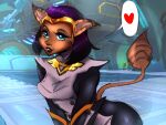 2025 anthro blue_eyes breasts brown_body brown_fur cazar_(ratchet_and_clank) circlet clothing crescentnocturn eyebrows eyelashes female fur hair heart_symbol hi_res leaning leaning_forward mammal pictographics purple_hair ratchet_and_clank sasha_phyronix short_hair solo sony_corporation sony_interactive_entertainment tail tail_tuft tuft