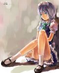  bad_id bad_pixiv_id blue_eyes braid convenient_leg highres izayoi_sakuya jq maid maid_headdress sandals short_hair sitting socks solo touhou twin_braids 