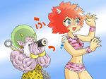  1girl afro animal_print beard blush club darts earrings facial_hair food horns jewelry kabiinyo_(kab) kanabou makizushi midriff muscle oni original short_shorts shorts surprised sushi tiger_print weapon wristband 