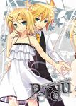 1girl adolescence_(vocaloid) aqua_eyes bare_shoulders blonde_hair brother_and_sister camisole cendrillon_(vocaloid) cover cover_page doujin_cover dress frilled_dress frills half-closed_eyes hand_on_another's_hip holding_hands incest kagamine_len kagamine_rin necktie red_string shirt siblings sleeveless_blazer smile spaghetti_strap string tamura_hiro twincest twins vocaloid 
