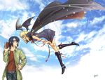  1girl athrun_zala blonde_hair blue_hair book boots cagalli_yula_athha cloud day demon_girl glasses green_eyes gundam gundam_seed head_wings knee_boots piggy_ho_ho sky succubus yellow_eyes 