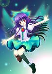  long_hair outstretched_arms purple_hair red_eyes reiuji_utsuho ribbon shirogane_hina solo spread_arms touhou wings 