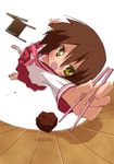  brown_hair chopsticks diving fang food foreshortening hands kusakabe_misao lowres lucky_star meatball non-web_source open_mouth outstretched_arm outstretched_hand pink_neckwear reaching ryouou_school_uniform school_uniform serafuku short_hair solo yellow_eyes 