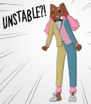 2025 7:8 anthro black_sclera bow_tie brown_body brown_fur bunny_slippers clothed clothing english_text female fist fur hi_res lucky_(thelittlesylveon) open_mouth pink_body pink_fur ponponthebonbon radial_speed_lines red_eyes screaming solo standing suit_jacket text