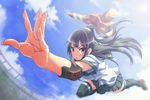  bad_id bad_pixiv_id black_hair cloud day foreshortening hands is_ii long_hair motion_blur original perspective pile_bunker ponytail red_eyes school_uniform serafuku skirt sky solo thighhighs translated weapon 