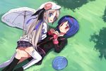  :d :o bad_id bad_pixiv_id beret blue_eyes blue_hair blush embarrassed grass hair_ribbon hairband hat kneehighs little_busters! long_hair looking_back lying multiple_girls nishizono_mio noumi_kudryavka on_back on_ground open_mouth outdoors pleated_skirt red_eyes ribbon school_uniform short_hair shuzoku_fumei silver_hair skirt smile straddling thighhighs umbrella very_long_hair white_legwear yuri zettai_ryouiki 